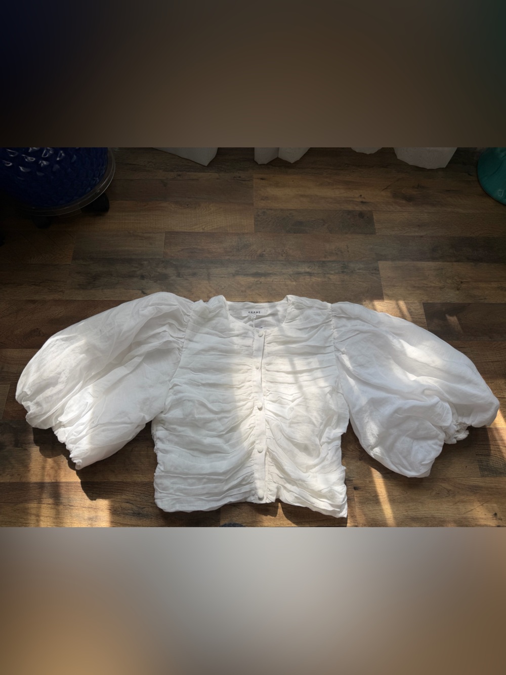 Frame Denim White Puff Sleeve Ruched Blouse